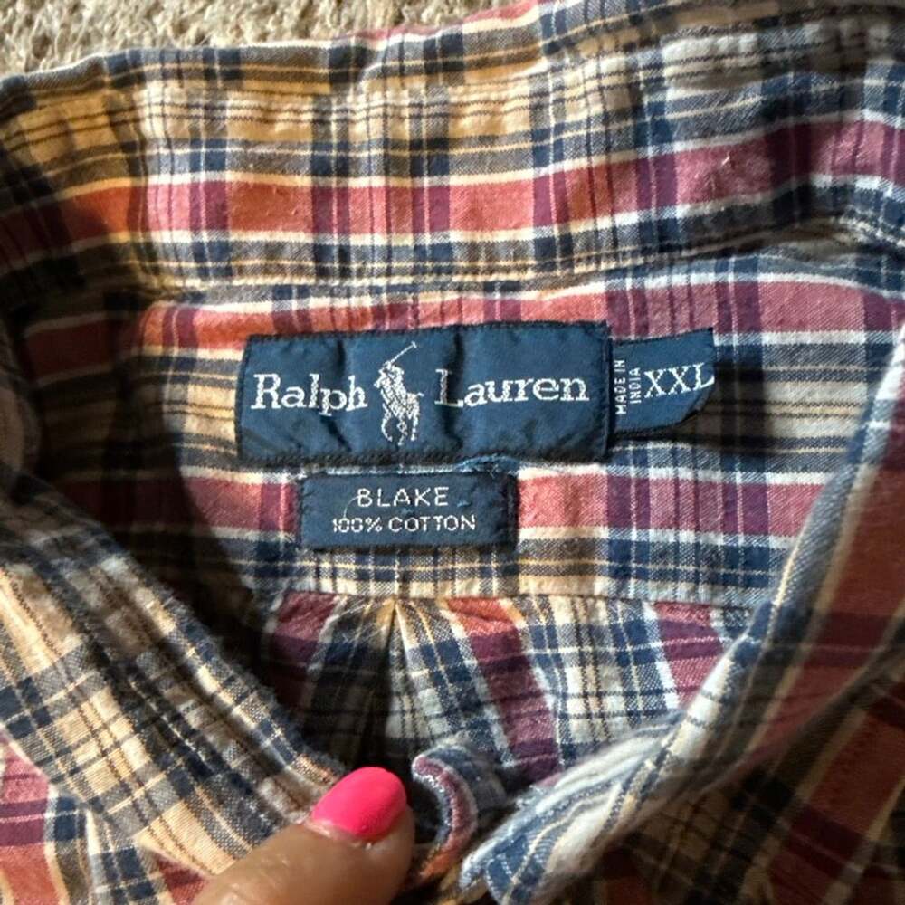 Ralph Lauren Blake Men's XXL Short Sleeve Button Up Shirt Plaid Red Blue Cotton